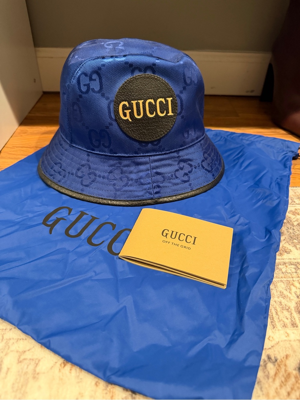 Gucci Royal Blue GG Monogram Bucket Hat with Black Patch